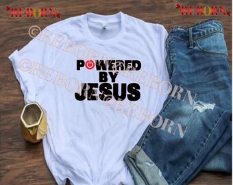 Powered by Jesus Unisex T-Shirt (black, purple, and navy blue tshirt comes with white letters)