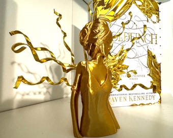 The Gilded One – Gold Ribbon Fantasy Figurine, Hand Painted Goddess Statue, Fantasy Romance Decor, Bookish Gift for Her, Collectible Art