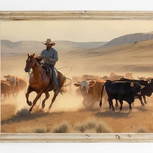 Cowboy Cattle Roundup Wall Art Print | PRINTABLE Western Oil Painting | Rustic Cattle Ranch Painting