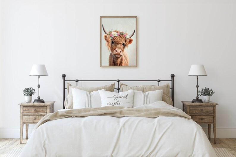 Highland Cow Girl With Flower Crown Wall Art Print Baby Cow Etsy