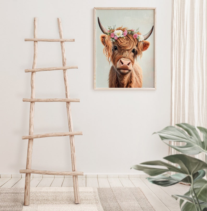Highland Cow Girl With Flower Crown Wall Art Print Baby Cow Etsy