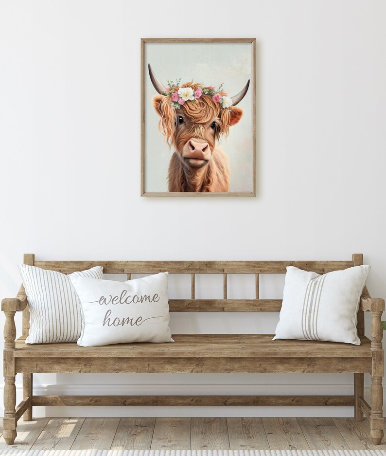 Highland Cow Girl With Flower Crown Wall Art Print Baby Cow Etsy