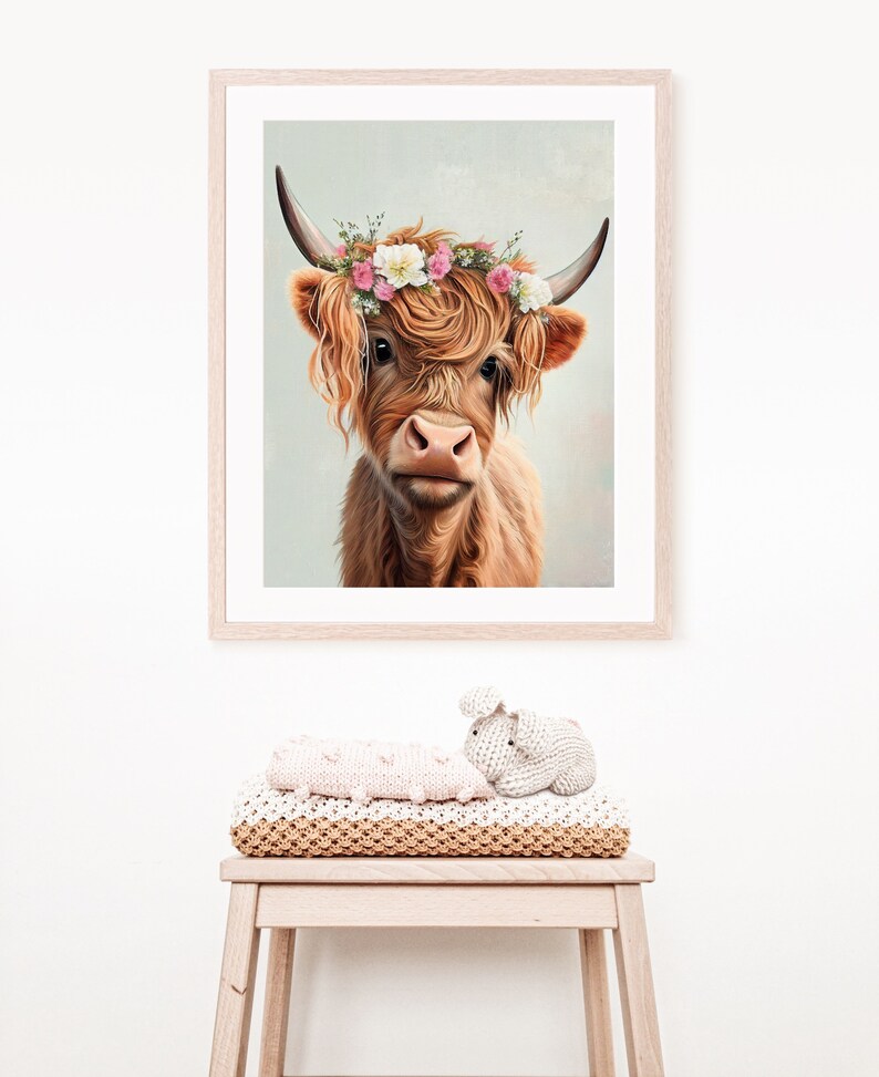 Highland Cow Girl With Flower Crown Wall Art Print Baby Cow Etsy