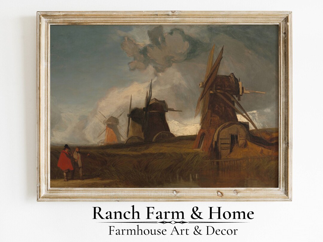 Vintage English Painting Wall Art Printable Windmills Art Scene