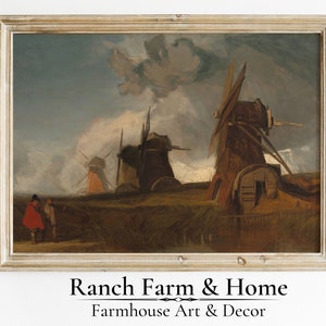 Vintage English Painting Wall Art Printable | Windmills Art Scene Painting Print | Country Farmhouse Wall Decor  | Antique Painting ca. 1835