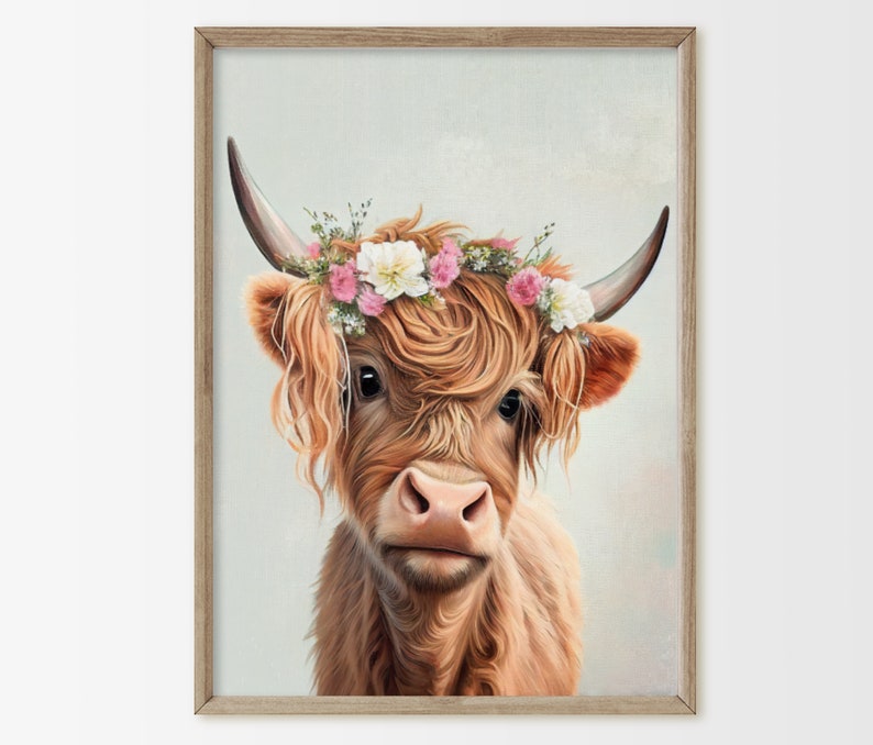 Highland Cow Girl With Flower Crown Wall Art Print Baby Cow Etsy