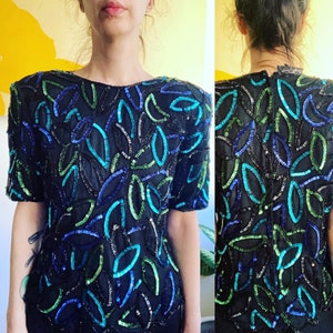 Vintage 1980’s//Royal Feelings// Silk//Rayon lined//sequined v-hemline// shimmer top