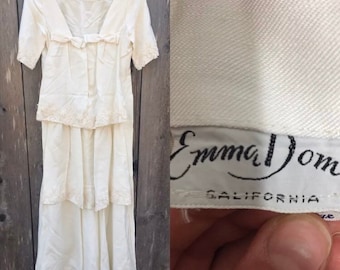 Vintage 1957 Emma Domb Short Sleeved Ivory Linen Tiered WEDDING Bridal Dress