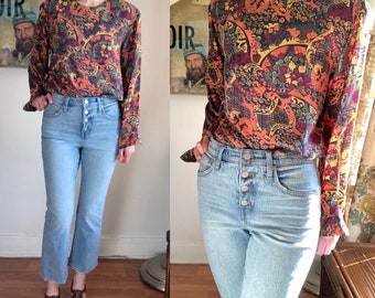 Vintage 80’s silk//colorful//psychedelic//long sleeved//floral pattern blouse