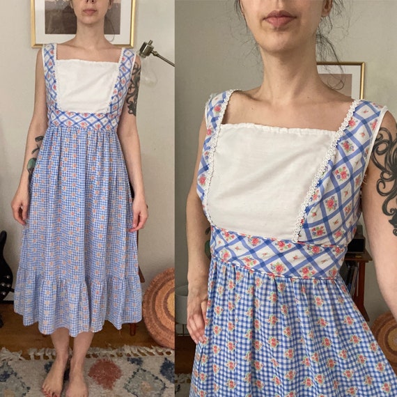 Vintage 70s plaid blue check floral sleeveless dr… - image 1