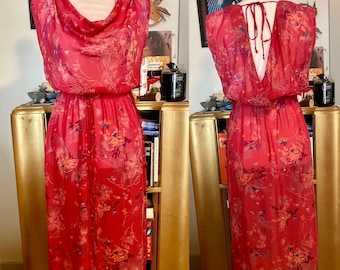 Vintage Young Edwardian 70’s//red pink//silky//floral//waist tie// polyester dress