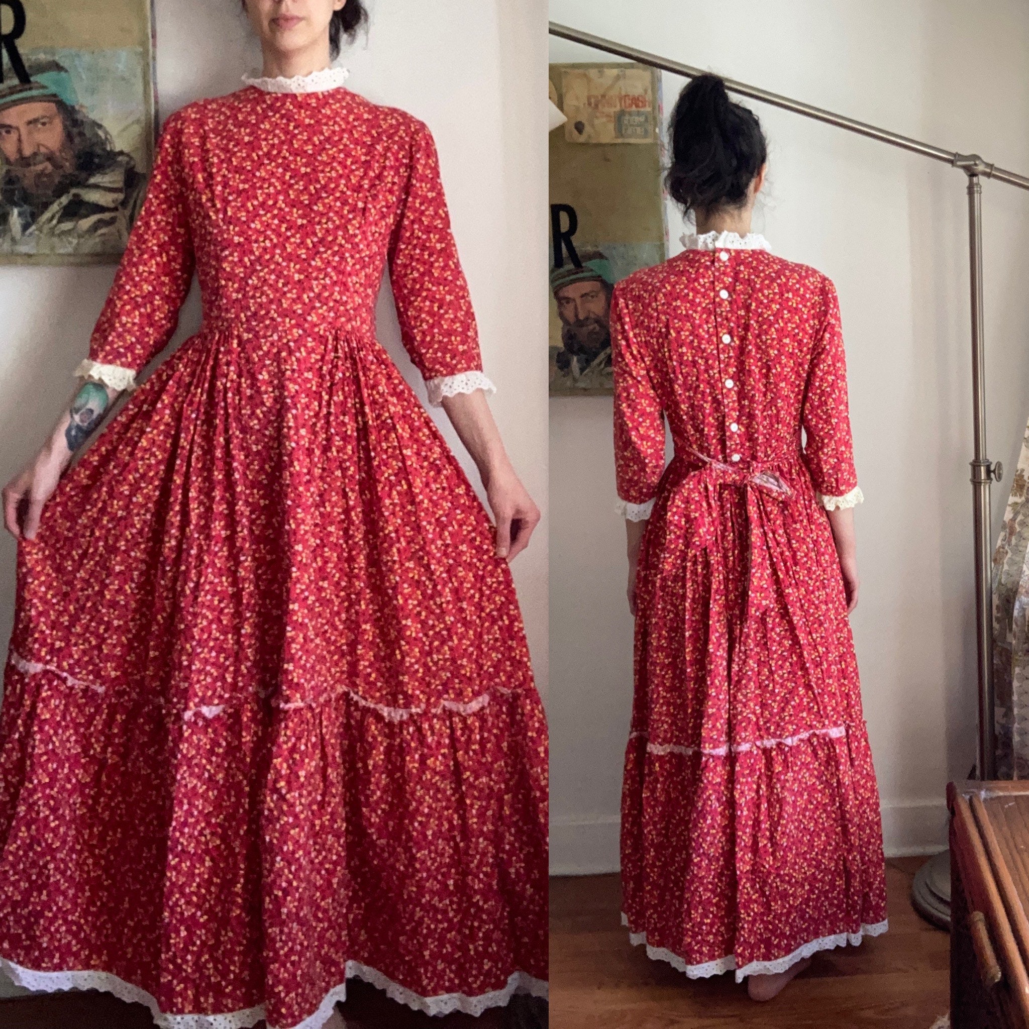 Vintage 70’s Floral Eyelet Red Peasant Boho Gunne Sax style dress
