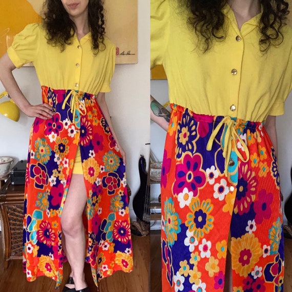 Vintage 60s floral//yellow terrycloth//two piece … - image 1