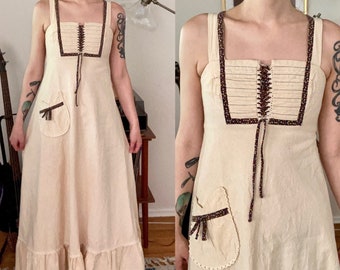 Vintage late 60s/70s beige cloth like maxi boho sleeveless maxi dress