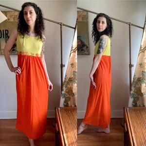 Vintage 60s yellow orange//floral embroidered//sleeveless//nylon//nightgown//lounge dress