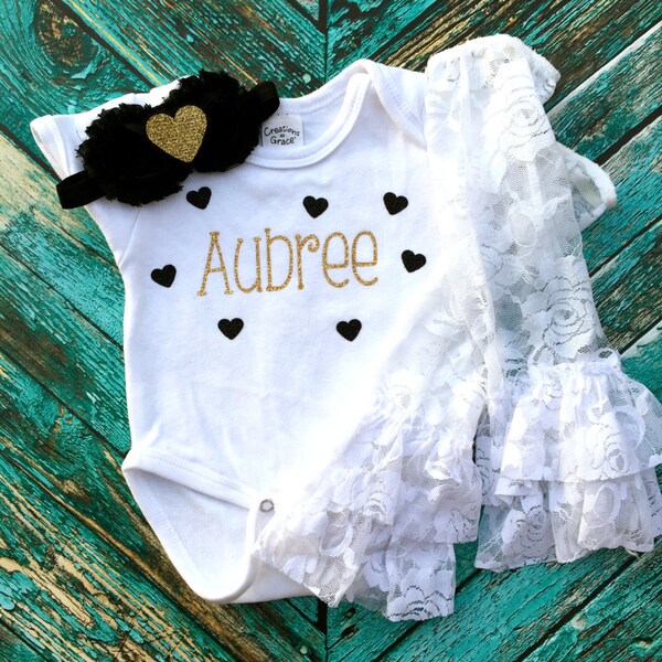 Personalized Name Baby girl outfit with Optional Bow and Lace leg warmers. Gold and Black Glitter