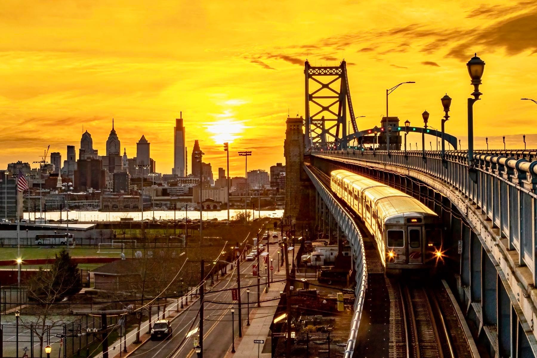 Ben Franklin Bridge Philadelphia Sunset Landscape With PATCO