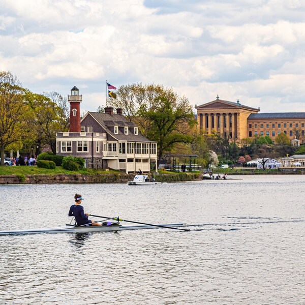 Philadelphia Boathouse Row Turtle Rock Lighthouse Sedgeley Club & Art Museum with Rower landscape photo