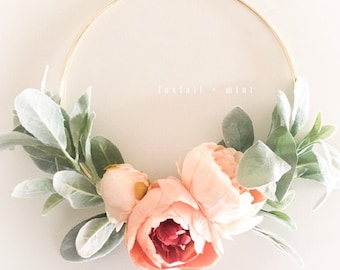 Peach Peony and Lambs Ear Wreath // 10" Wreath // Nursery Decor // Boho Nursery // Farmhouse Decor // Lambs Ear Wreath // Hoop Wreath