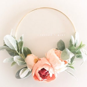 Peach Peony and Lambs Ear Wreath // 10" Wreath // Nursery Decor // Boho Nursery // Farmhouse Decor // Lambs Ear Wreath // Hoop Wreath