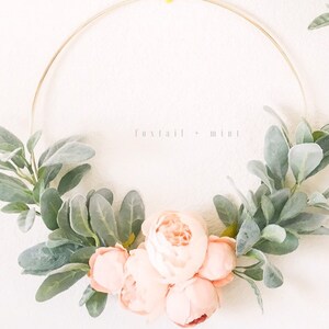 Peach Peony and Lambs Ear Wreath // Nursery Decor // Boho Nursery // Farmhouse Decor // Indoor Lambs Ear Wreath // Hoop Wreath image 6