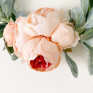 Peach Peony and Lambs Ear Wreath // Nursery Decor // Boho Nursery // Farmhouse Decor // Indoor Lambs Ear Wreath // Hoop Wreath image 4