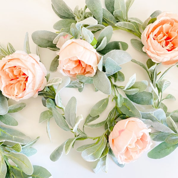 Cabbage Rose and Lambs Ear Garland in Peach // Farmhouse Decor // Nursery Garland // Boho Nursery // Popular Garlands // Teepee Topper