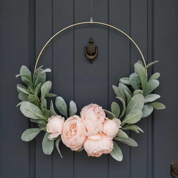 Corona de peonías rosa pálido y orejas de cordero // Decoración de habitación infantil // Habitación infantil bohemia // Decoración de estilo rústico // Corona de orejas de cordero para interiores // Corona de San Valentín