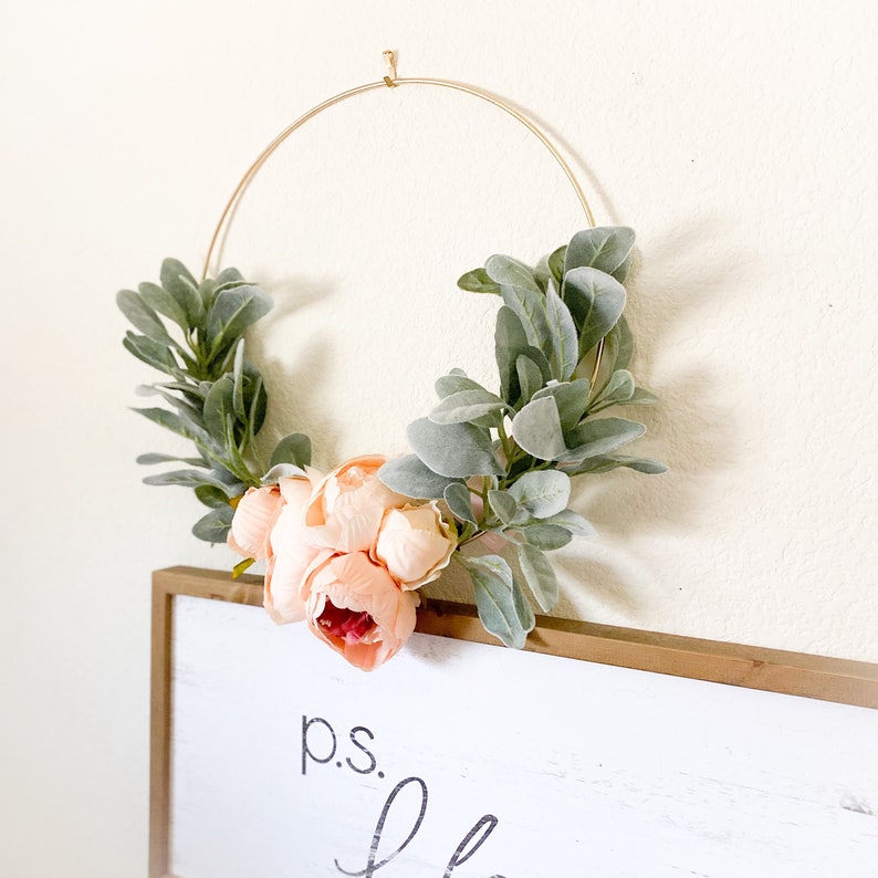 Peach Peony and Lambs Ear Wreath // Nursery Decor // Boho Nursery // Farmhouse Decor // Indoor Lambs Ear Wreath // Hoop Wreath image 5