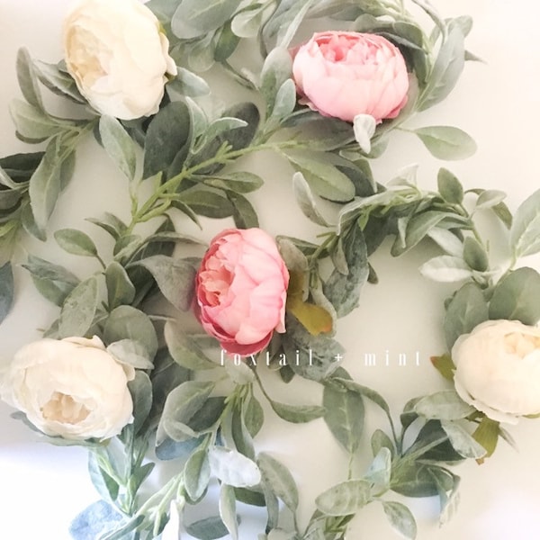 Spring Mix Peony and Lambs Ear Garland // Farmhouse Decor // Nursery Garland // Boho Nursery // Teepee Topper // Spring Decor