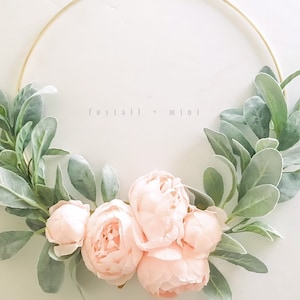 Pale Pink Peony and Lambs Ear Wreath // Nursery Decor // Boho Nursery // Farmhouse Decor // Indoor Lambs Ear Wreath // Hoop Wreath