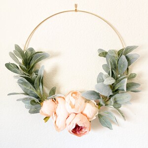 Peach Peony and Lambs Ear Wreath // Nursery Decor // Boho Nursery // Farmhouse Decor // Indoor Lambs Ear Wreath // Hoop Wreath image 3