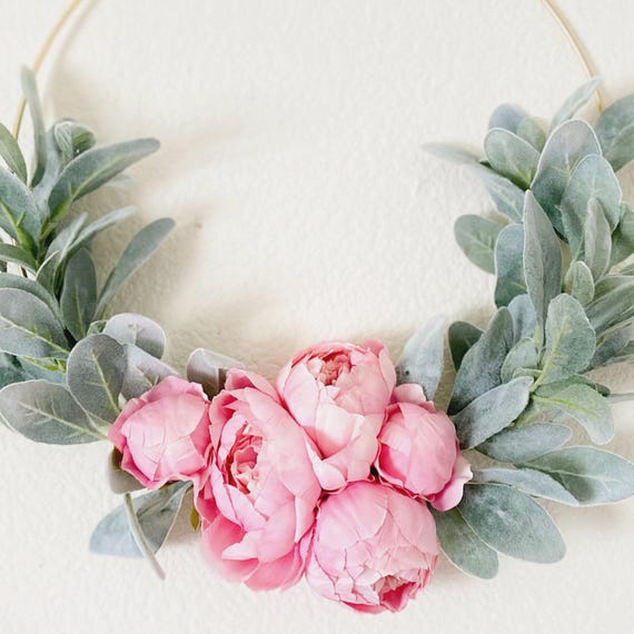 Spring Pink Peony and Lambs Ear Wreath // Nursery Decor // Boho Nursery // Farmhouse Decor // Indoor Lambs Ear Wreath // Summer Hoop Wreath