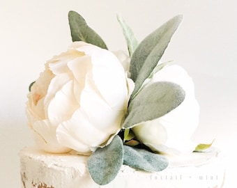 Ivory Peony and Lambs Ear Cake Topper // Wedding // Peony Cake Topper // Smash Cake Topper // Flower Cake Topper // Birthday Cake Topper