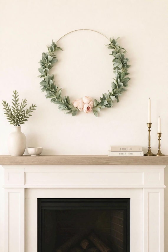 Oversized Lambs Ear and Peony Hoop Wreath - 24" Boho Farmhouse Decor