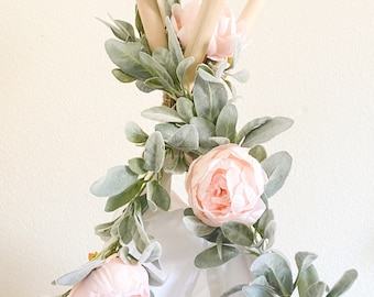 Peony and Lambs Ear Garland in Pale Pink // Farmhouse Decor // Nursery Garland // Boho Nursery // Popular Garlands // Teepee Topper