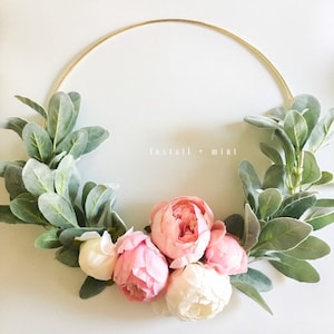 Spring Mix Peony and Lambs Ear Wreath // Nursery Decor // Boho Nursery // Farmhouse Decor // Lambs Ear Wreath // Gold Hoop Wreath // Spring