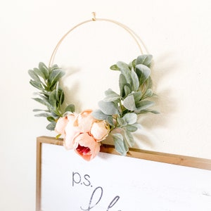 Peach Peony and Lambs Ear Wreath // Nursery Decor // Boho Nursery // Farmhouse Decor // Indoor Lambs Ear Wreath // Hoop Wreath image 1