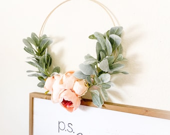 Peach Peony and Lambs Ear Wreath // Nursery Decor // Boho Nursery // Farmhouse Decor // Indoor Lambs Ear Wreath // Hoop Wreath