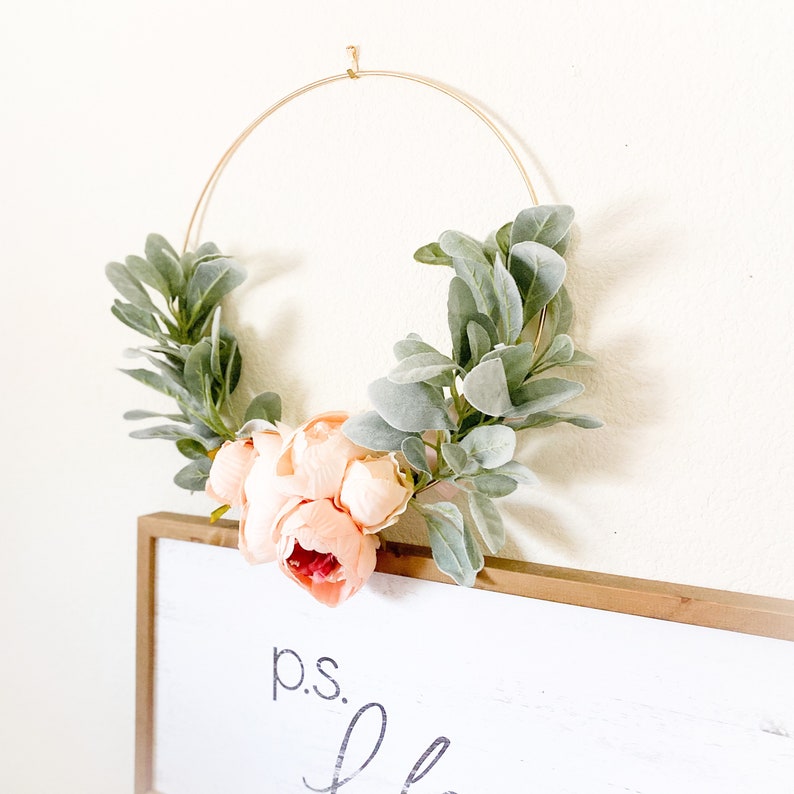 Peach Peony and Lambs Ear Wreath // Nursery Decor // Boho Nursery // Farmhouse Decor // Indoor Lambs Ear Wreath // Hoop Wreath image 1