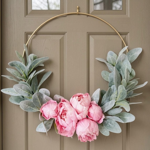 Spring Pink Peony and Lambs Ear Wreath // Nursery Decor // Boho Nursery // Farmhouse Decor // Indoor Lambs Ear Wreath // Summer Hoop Wreath