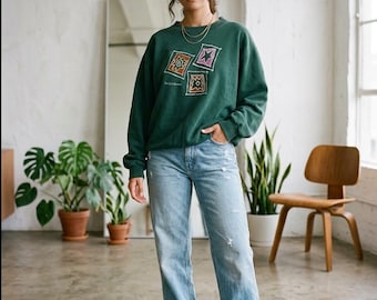 Vintage YSL Yves Saint Laurent LOVE Embroidery Green Sweatshirt