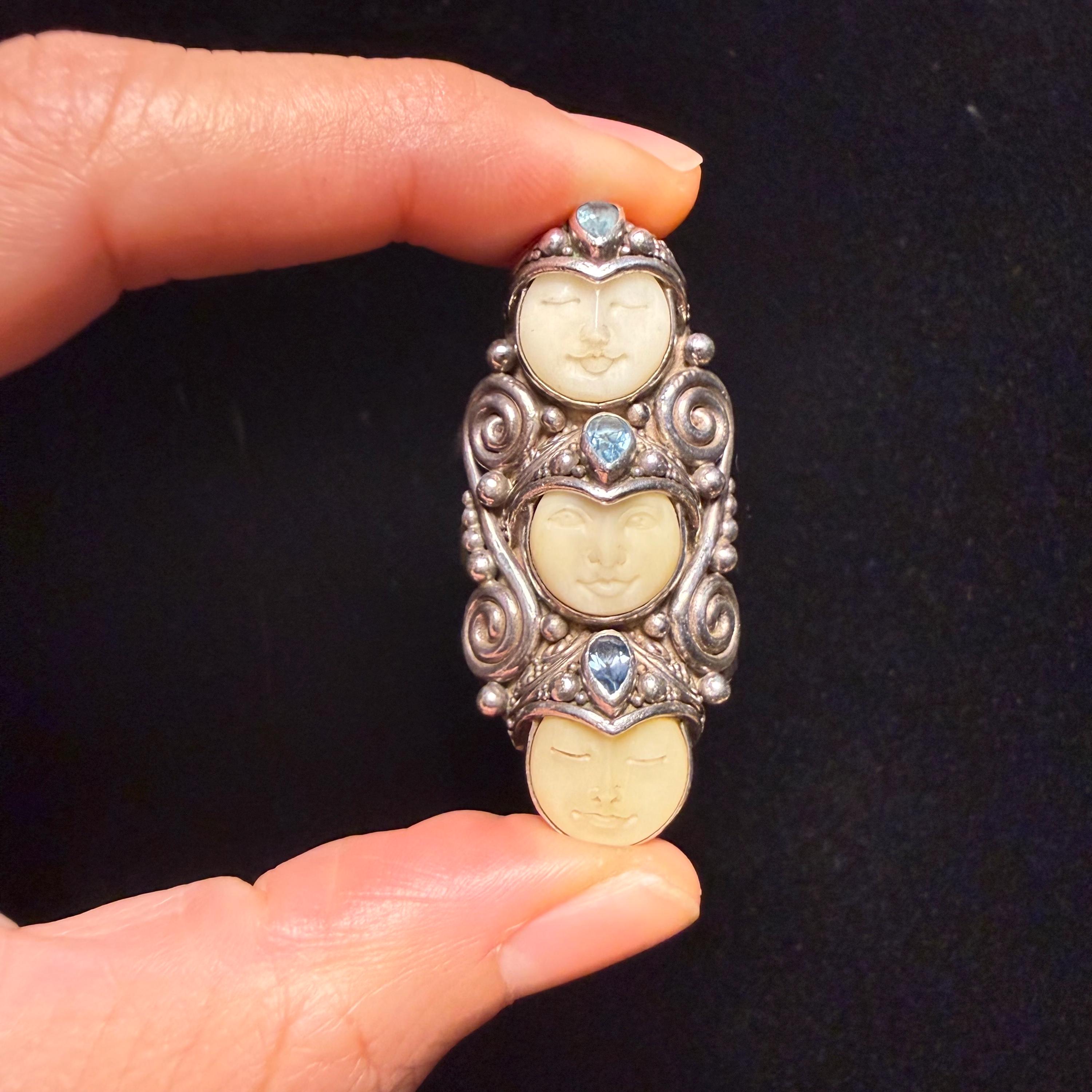 Bague Vintage Argent Sterling Sajen - Visage De Déesse Sculpté Avec Grenat | Bijou Ancien Et Unique
