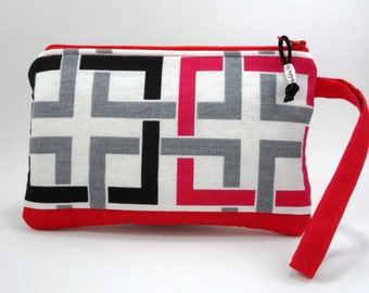 Grey Black Red Deco Wristlet, Wallet Wristlet, Clutch Purse Wristlet, Quilted Accessory Bag, Modern Deco Clutch