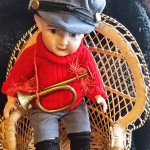 Vintage Porcelain Doll French Horn Knickers Knee Socks Red Sweater Sailor Hat Rare Newspaper Boy Black Hair Blue Eyes Adorable Boy Blue Rare