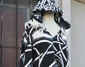 Black raw cotton color, tribal print, huge hood, long sleeves, poncho, hemp Celtic symbols, pull over sweatshirt, surfer, beach wear, cloak