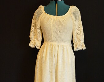 White Lace Joseph Magnin Prairie Dress Boho 1960s Lolita Floral Printed Elastic Waist Scoop neck Designer Maxi Dress Vintage Wedding Couture