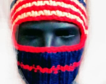 Ski mask knit winter hat red white and blue