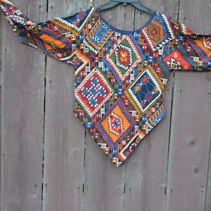Psychedelic Tunic,Ethnic Shirt,Bat Wing Sleeves,Vintage Cropped,Angular Cut,Hippie,Bright multicolored,Vintage,Festival Clothes,Unique Shirt