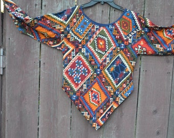 Vintage Aztec Festival Tunic, Batwing Sleeve Cropped Shirt